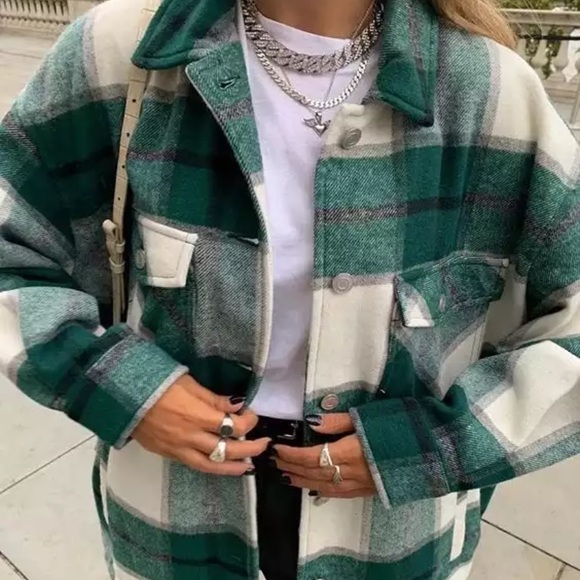 SOLD OUT Green Plaid Oversized Flannel Shacket Shirt Jacket - Picture 3 of 14
